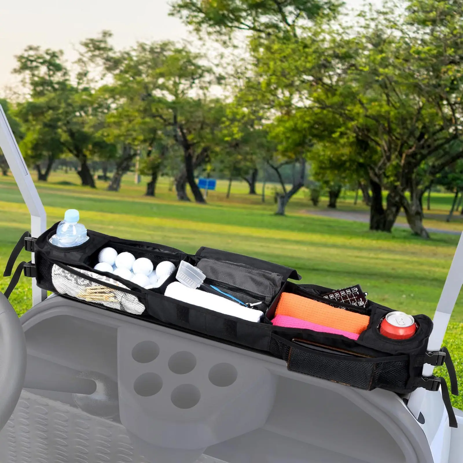 

Golf Cart Front Basket Cargo Organizer with Cup Holders Larger Compartment Large Capacity Premium Storage Tray Storage Holder