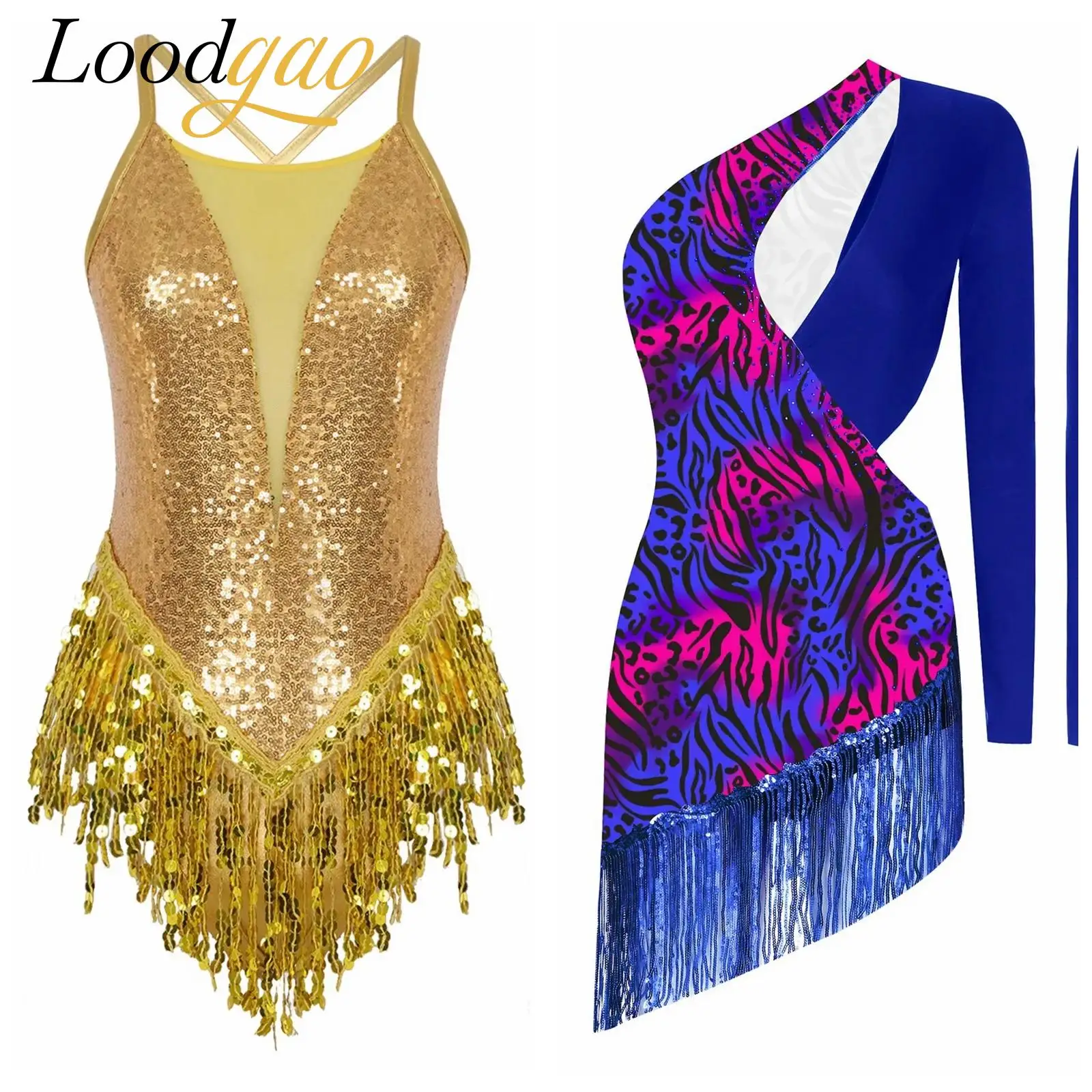 

Women Sparkling Cha-cha Samba Salsa Latin Dance Leotard Tassels Dancewear Sequins Bodysuit Dress Stage Performance Costume