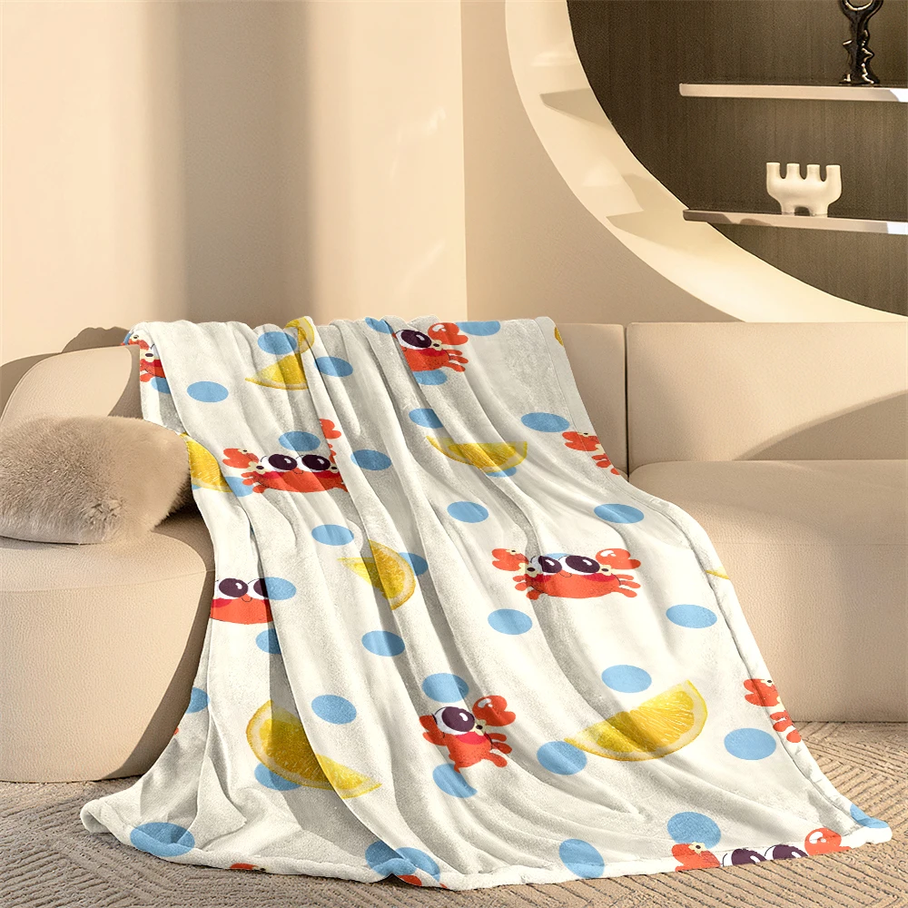 Cream Dots Crab Lemon Flannel Blanket Cartoon Printed Throw Blanket for Kids Adults Soft Plush Bed Sofa Cover Gift