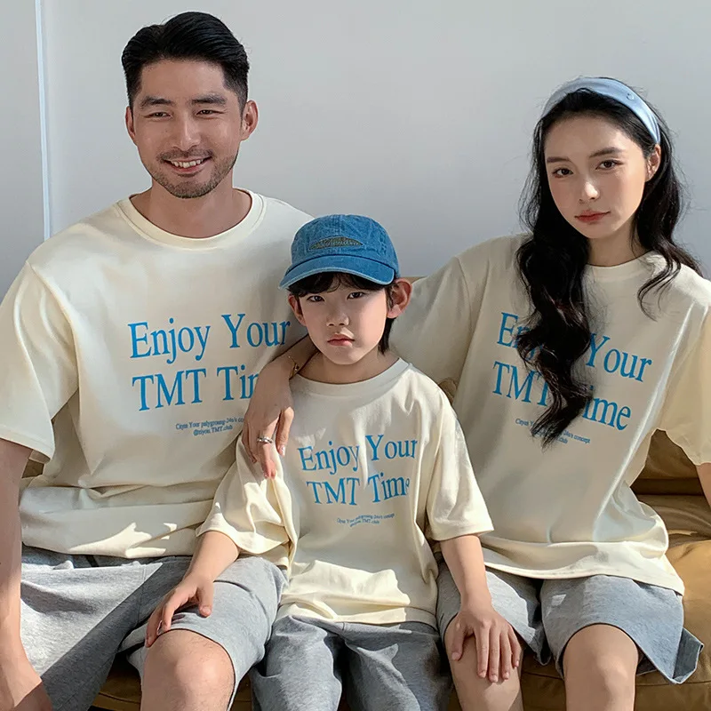 2026 New Summer Korean Style Family Matching T-shirts Letter Print Cotton Short Sleeve Mommy and Me Family of 3 Casual Soft Tops