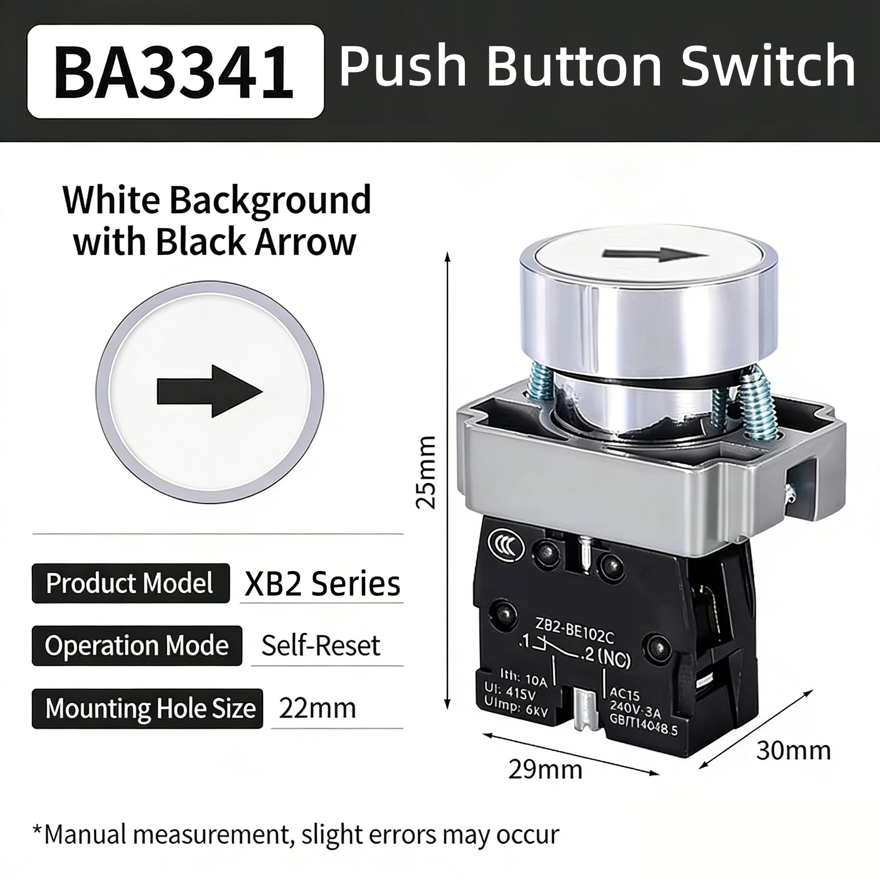 XB2 Series Momentary Push Button Switch 22mm Mounted 10A 1NO Black/White Arrow Symbol Start For Industrial Control BA3341/BA3351