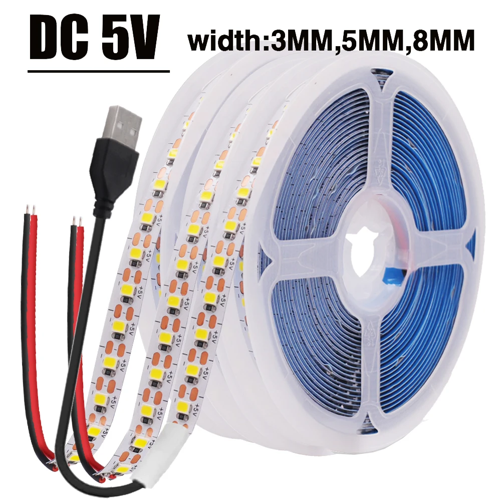 Tira de luces LED USB para decoración del hogar, cinta Flexible de 5V CC, SMD 2835, 120LEDs/M, 3000K, 4000K, 6000K, ancho de 3MM, 5MM, 8MM