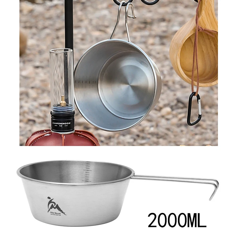 Stainless Steel Outdoor Camping Bowl, Heatable, Stackable Portable Pot with Scale, Cooking Tools, 2000ml