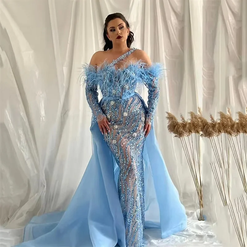 Sky Blue Long Sleeves Middle Eastern Evening Dresses Feather Beaded Saudi Arabia Dubai Robe De Soiree Prom Dress Gown Customized