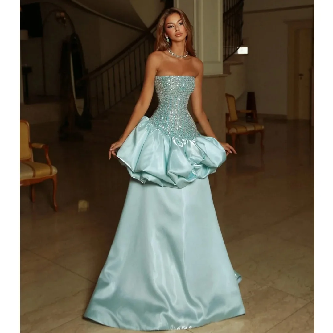 

Exquisite Sequin Strapless Evening Dresses A Line Ruched Maxi Gown Floor Length Wedding Party Dress Customized Elegant Vestidos