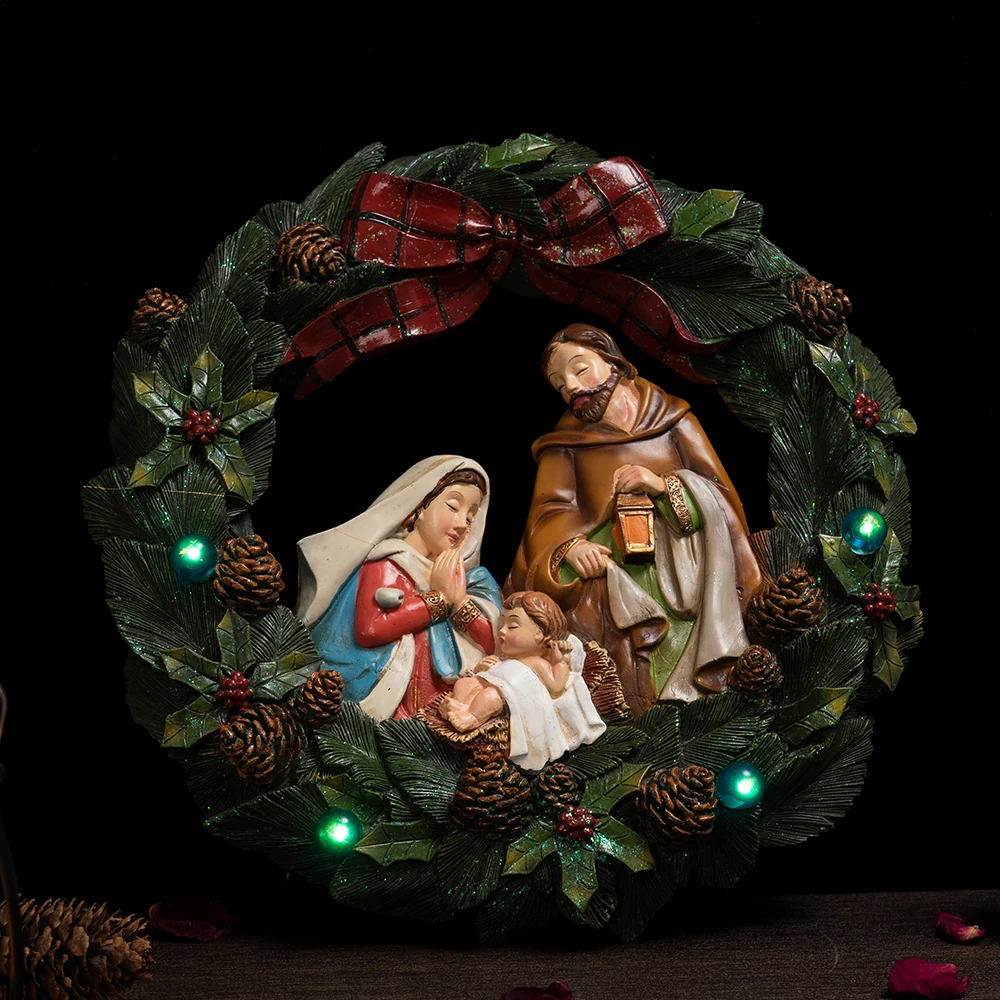 

Luminous Christian Christmas Wreath Wall Decoration Resin Craft Wall Hanging Ornament Holy Family Decorations Christmas Decor