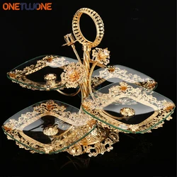 Luxurious European Golden Fruit Bowl with 4 Glass Trays IP Plating,Gilt Engraving Creative Snacks Dried Fruit Tray