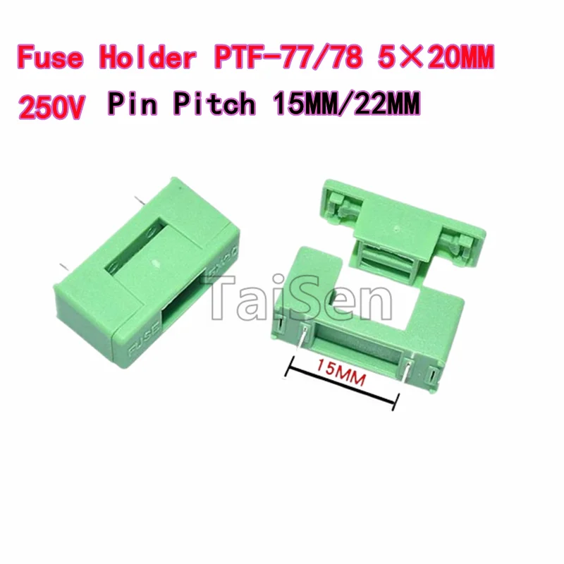 Portafusibile verde da 10 pezzi PTF-77/78 5×20MM 250V Passo pin 15MM/22MM con scatola per tubo fusibile con coperchio