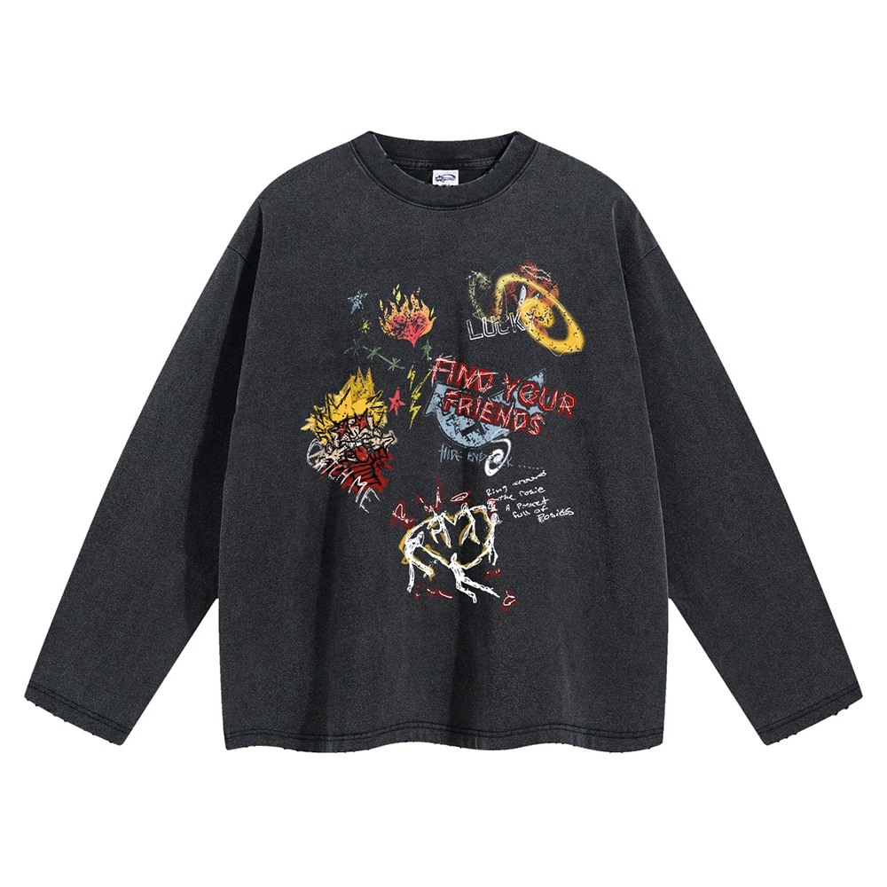 

Retro Funny Print Oversized T-shirt Men's Clothing Streetwear Graphic T Shirts Distressed Frayed Long Sleeve Cotton Tops Y2k Tee