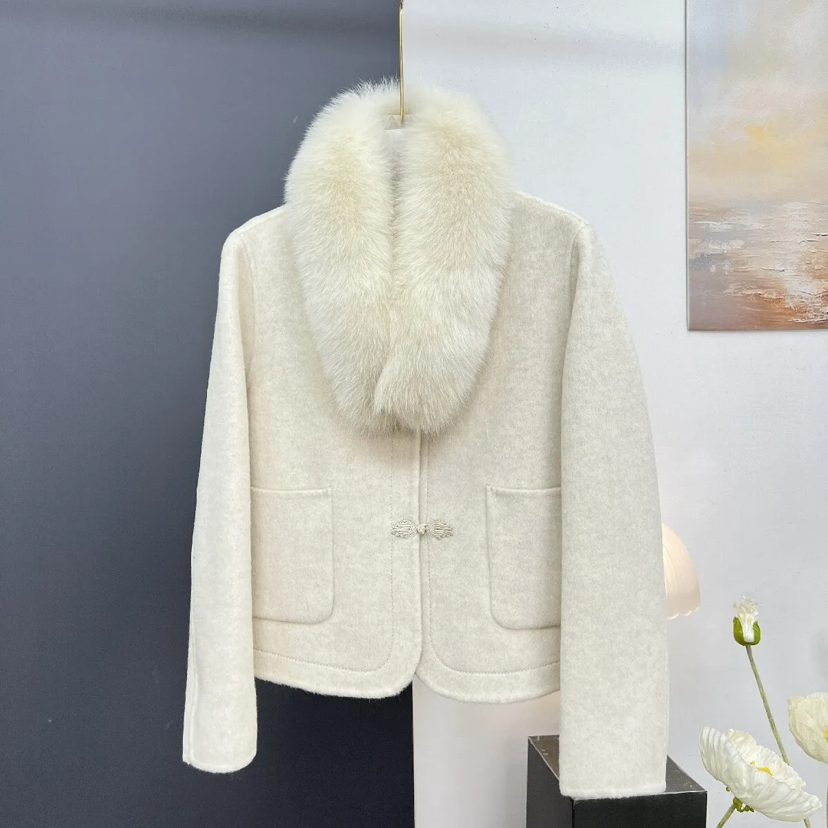 autumn and winter new item real fur fur collar scarf Chinese style cashmere double-sided woolen coat women's short