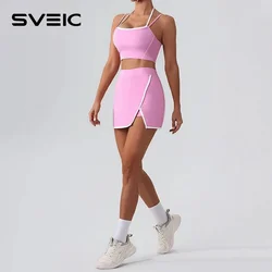 SVEIC Contrasting Color Yoga Short Bra Sets Tennis Skirt Suits Fitness Sportswear Leggings Workout Running Training Gym Clothing