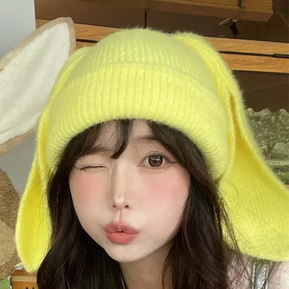 

Woolen Hat Elastic Bunny Pullover Cap Trendy Korean Style Solid Color Knitted Hat All-match Headgear Brimless Beanie Hat Gifts