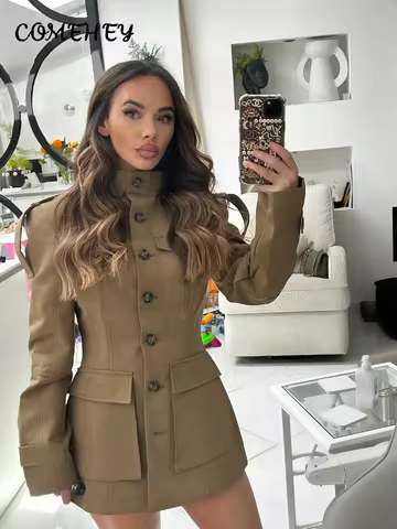 2025 Autumn New Khaki Stand Collar Jacket Women Slim Waist Single Breasted Pockets Full Sleeve Coats Lady Street Casual Outwear