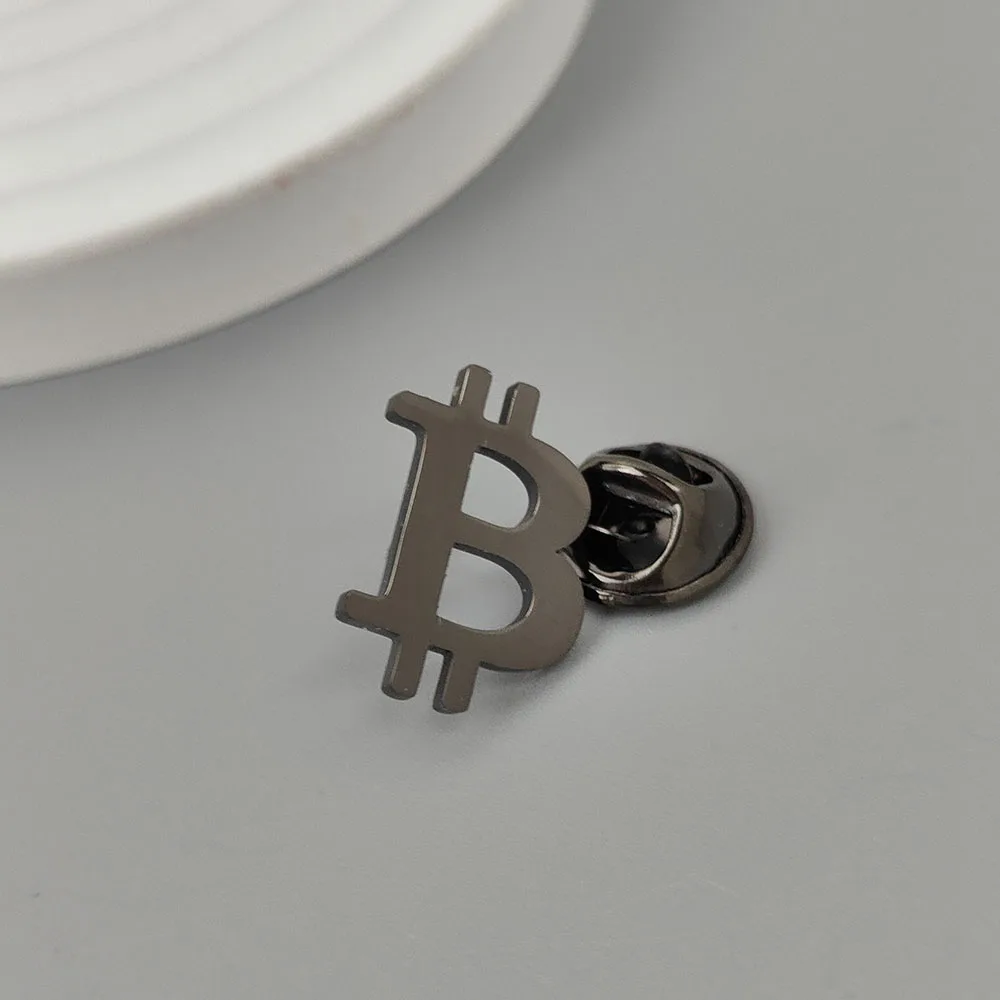 Cheap electroplated stainless steel Bitcoin symbol butterfly button lapel brooch, Thanksgiving and Christmas gift