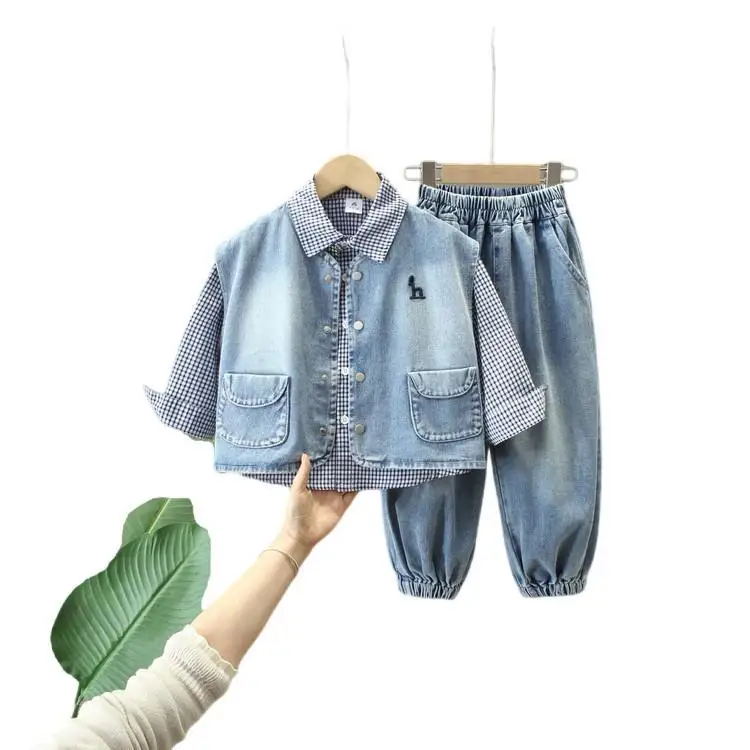 

Spring and Autumn Boys' Denim Vest with Plaid Shirt and Jeans Three-piece Set Trendy Streetwear Fashion Casual Outfit