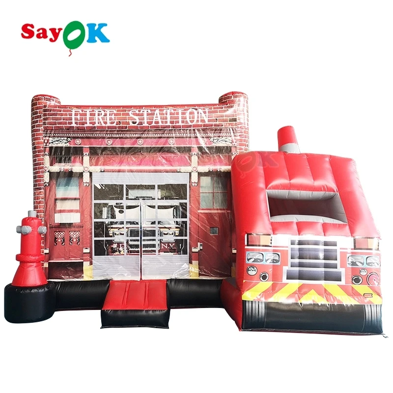 SAYOK 5m Inflatable Fire Truck Slide Bounce Giant Commercial Inflatable Bouncy Castle House for Outdoor Business Rental Park