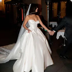 Luxurious V-neck Satin ball Grown Wedding Dresses Custom Made Sweep Train