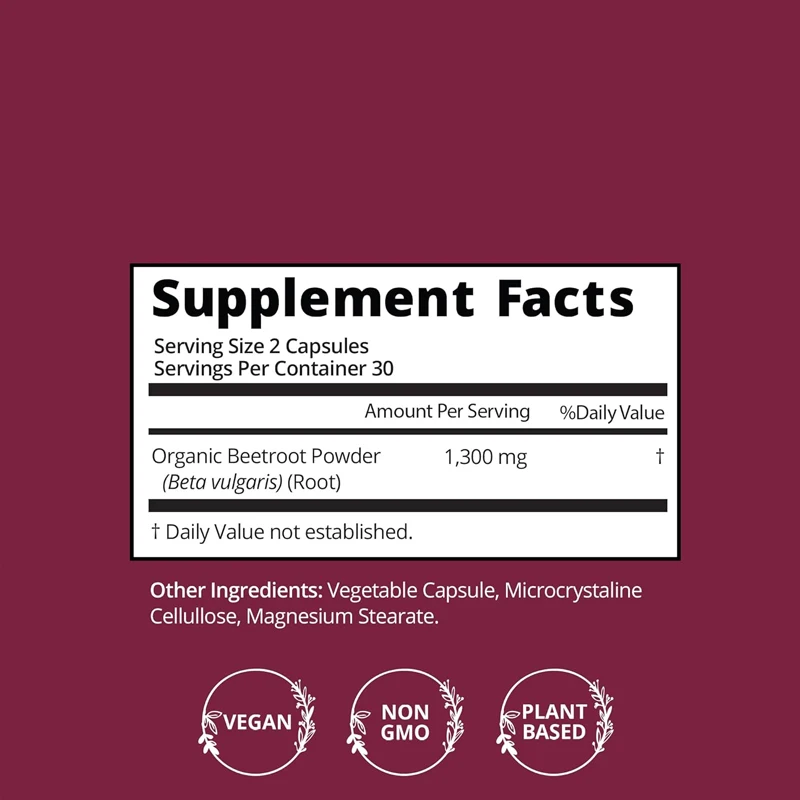 Organic Beetroot Capsules - Blood Pressure Support Supplement - Blood Flow and Circulation | Vegetarians, 60 capsules
