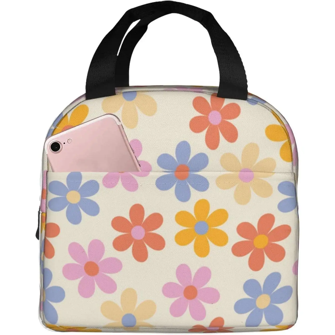 

Daisy Flower Lunch Bag for Women Men, Reusable Daisy Floral Insulated Lunch Box Container with Frond Pocket for Work Picnic