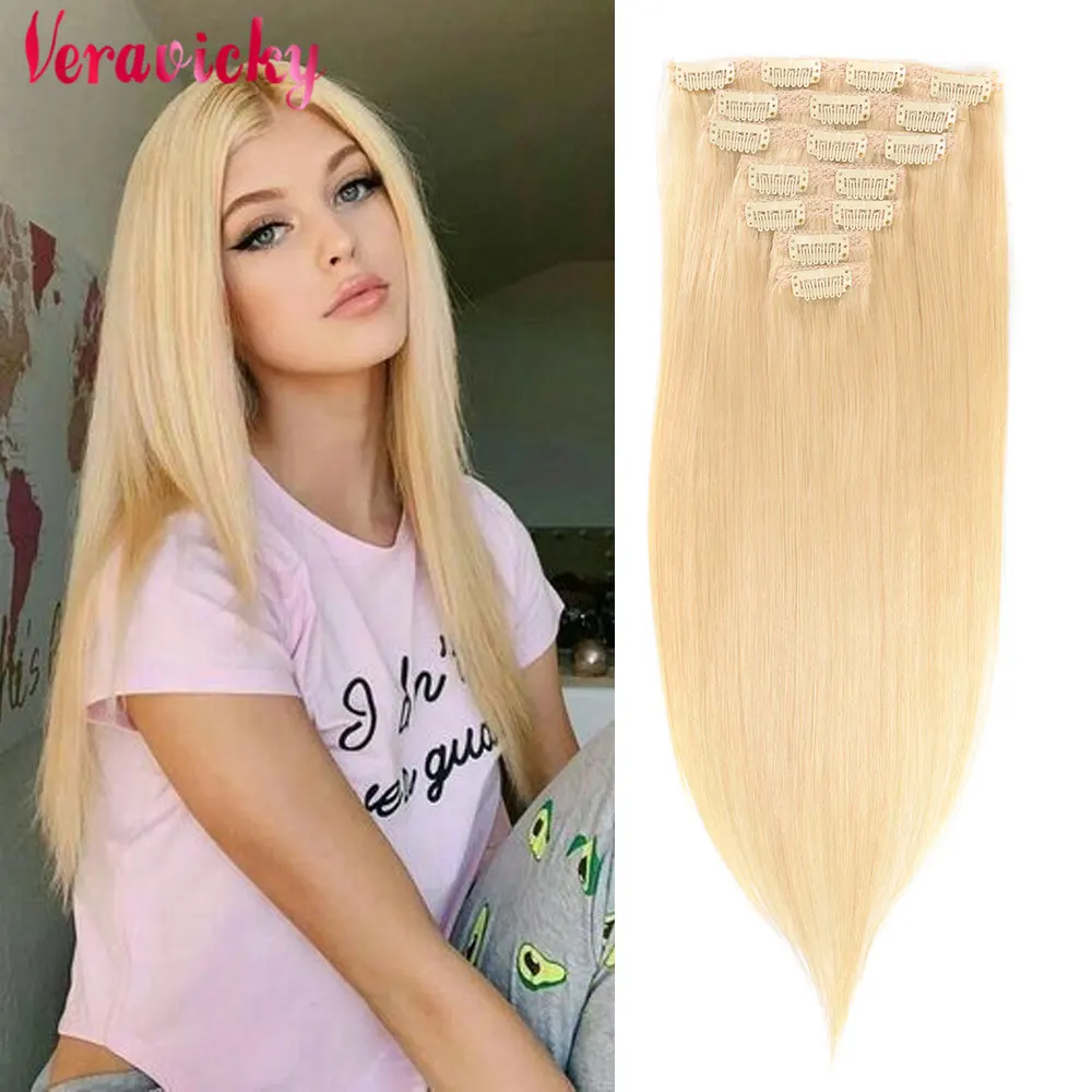 

Brazilian Machine Made Remy #613 White Blonde 120G /Set Natural Straight Clip In Human Hair Extensions Real Hairpiece 14-24