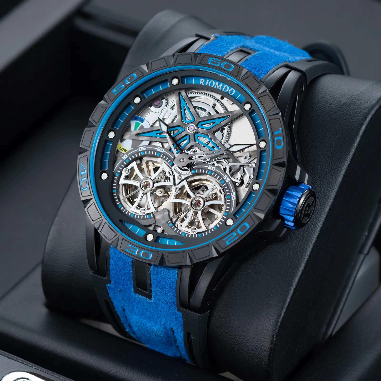 OBLVLO Men Automatic Watch 46mm Mechanical Wristwatch Skeleton Dual Flywheel Dial Waterproof Luminous Hardlex Mirror