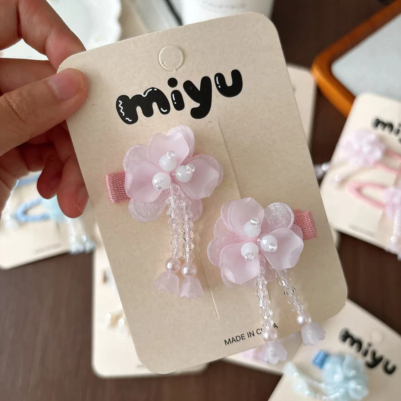2pcs/set Sweet Princess 3D Mesh Flower Fully Covered Snap Hair Clip Kids Girls Spring Summer Vintage Tassel Fairy Hair Accessory
