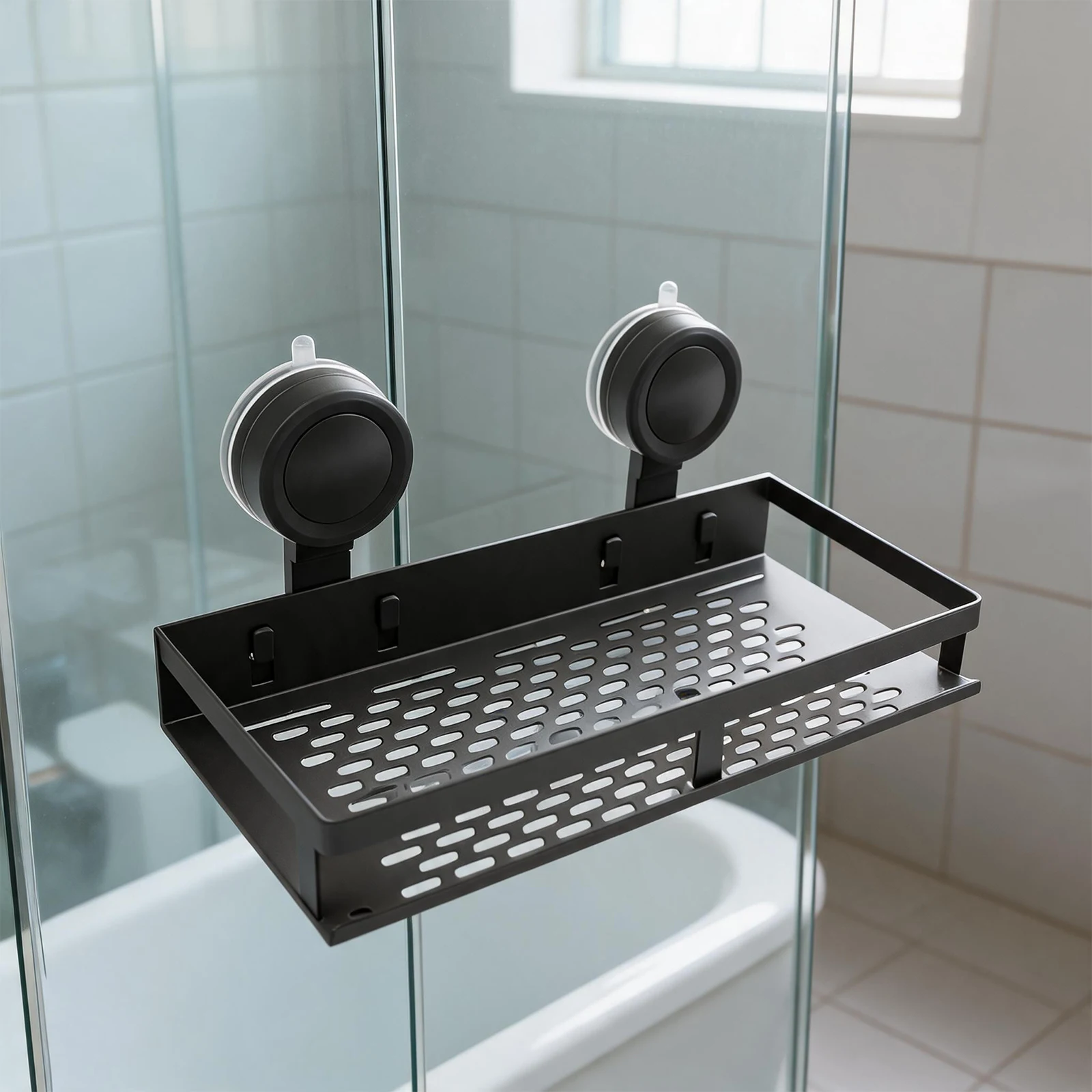 Bathroom Shower Shelf Aluminum Organizer with Upgraded Suction Cups Towel Bar and Hooks Easy Installation No Drilling