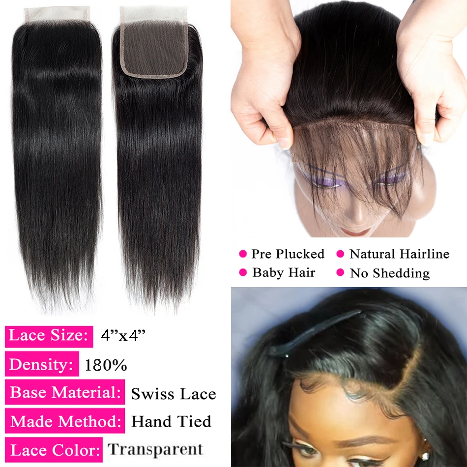 Mèches Malaisiennes 100% Naturelles avec Closure, Cheveux Lisses, 13x4 HD, Extensions de Tissage, 3 Lots