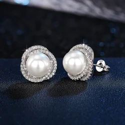 New Arrival Female Earrings 925 Sterling Silver Shiny Imitation Pearl Zircon Earrings for Women Cross Design Ear Jewelry Gift