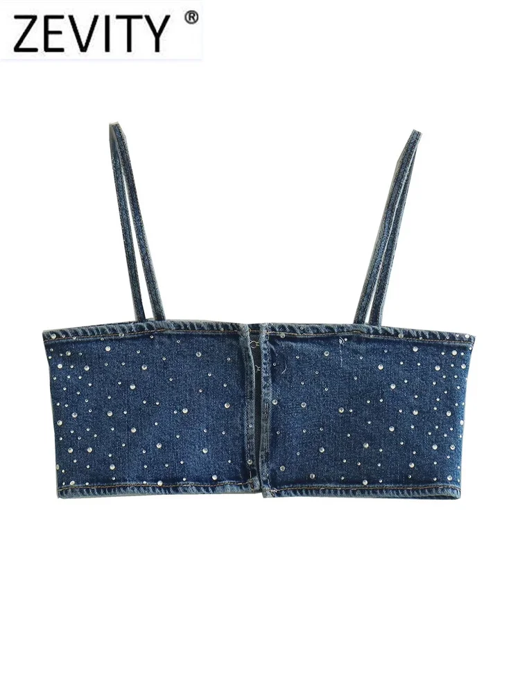 Zevity Women Sexy Hot Drilling Denim Short Sling Blouse Female Back Buckle Strap Blusas Chic Crop Tops LS3151