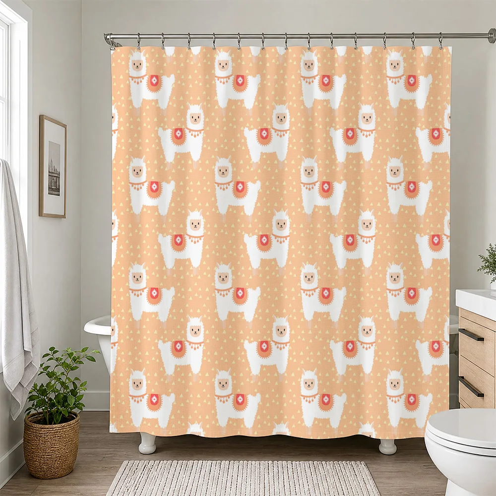 Cute Llama Alpaca Shower Curtain Waterproof Bathroom Curtain Liner Orange Tan Boho Animal Pattern Home Decor Shower Screen