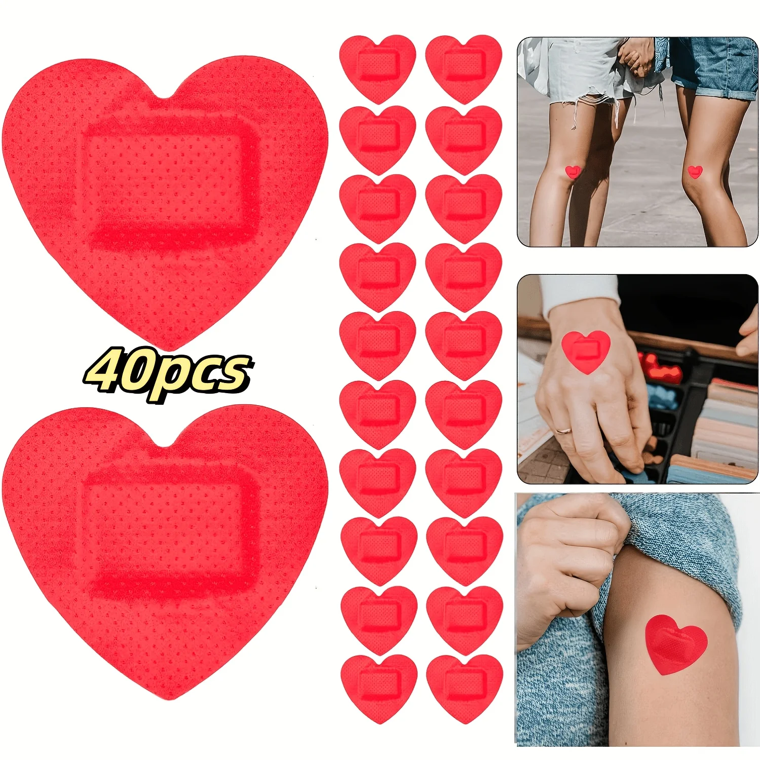 40PCS Red cartoon heart-shaped band-aids, suitable for treating minor wounds and as emergency wound dressings for outdoor use,