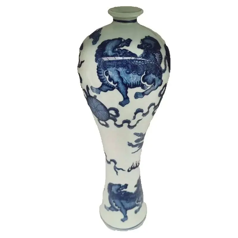 Jarrón de colección de porcelana antigua china, diseño de ciruela con estampado de León azul y blanco, decoración Oriental antigua para el hogar