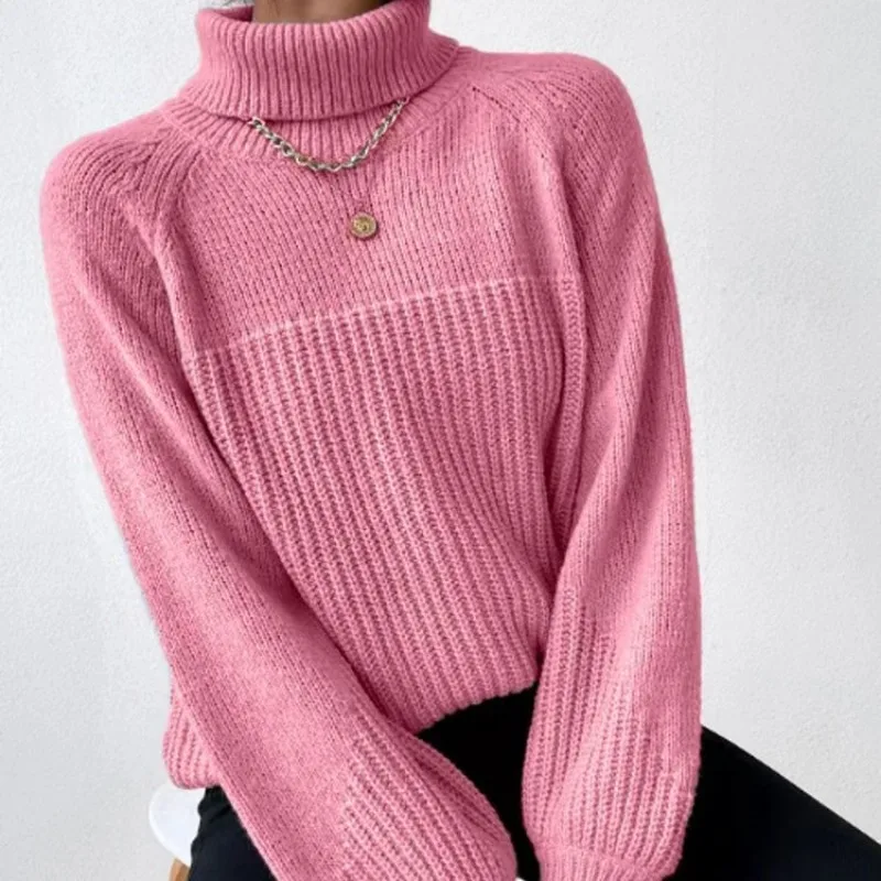 2024 Autumn and Winter New Simple Polo Collar Raglan Sleeve Sleeves Office Lady Comfortable Basic Casual Female Knitted Sweater