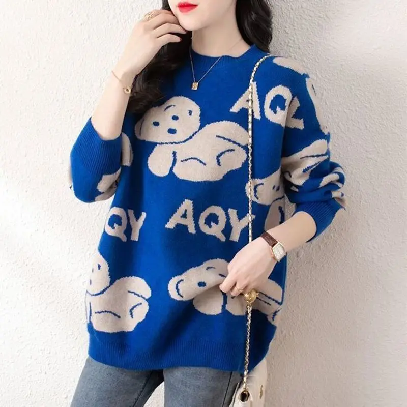 Women\'s Pullover Letter Animal Long Sleeve Sweater Autumn and Winter Korean Office Lady Round Neck Thickened Loose Large Knitted