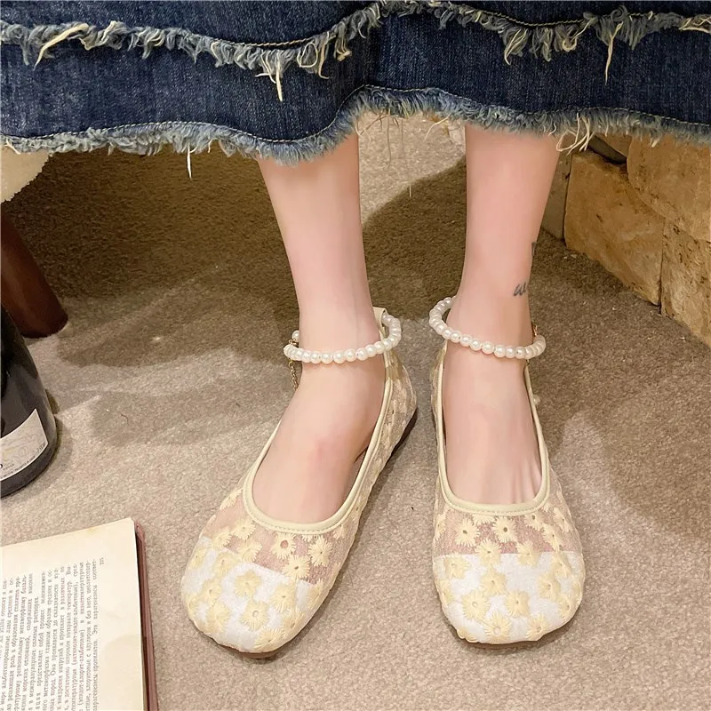 New Women\'s Breathable Mesh Summer Shoes Flower Casual Shallow Women Flat Shoes Luxury Pearl Fashion Flats Ladies Loafers