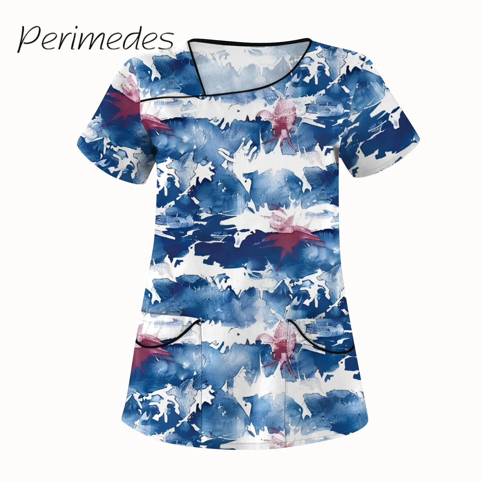 

Women'S 2024 Nurse Uniform Summer Elegant Casual Printed Short Sleeve Uniform Top With Double Pockets Uniforme Clinico Mujer