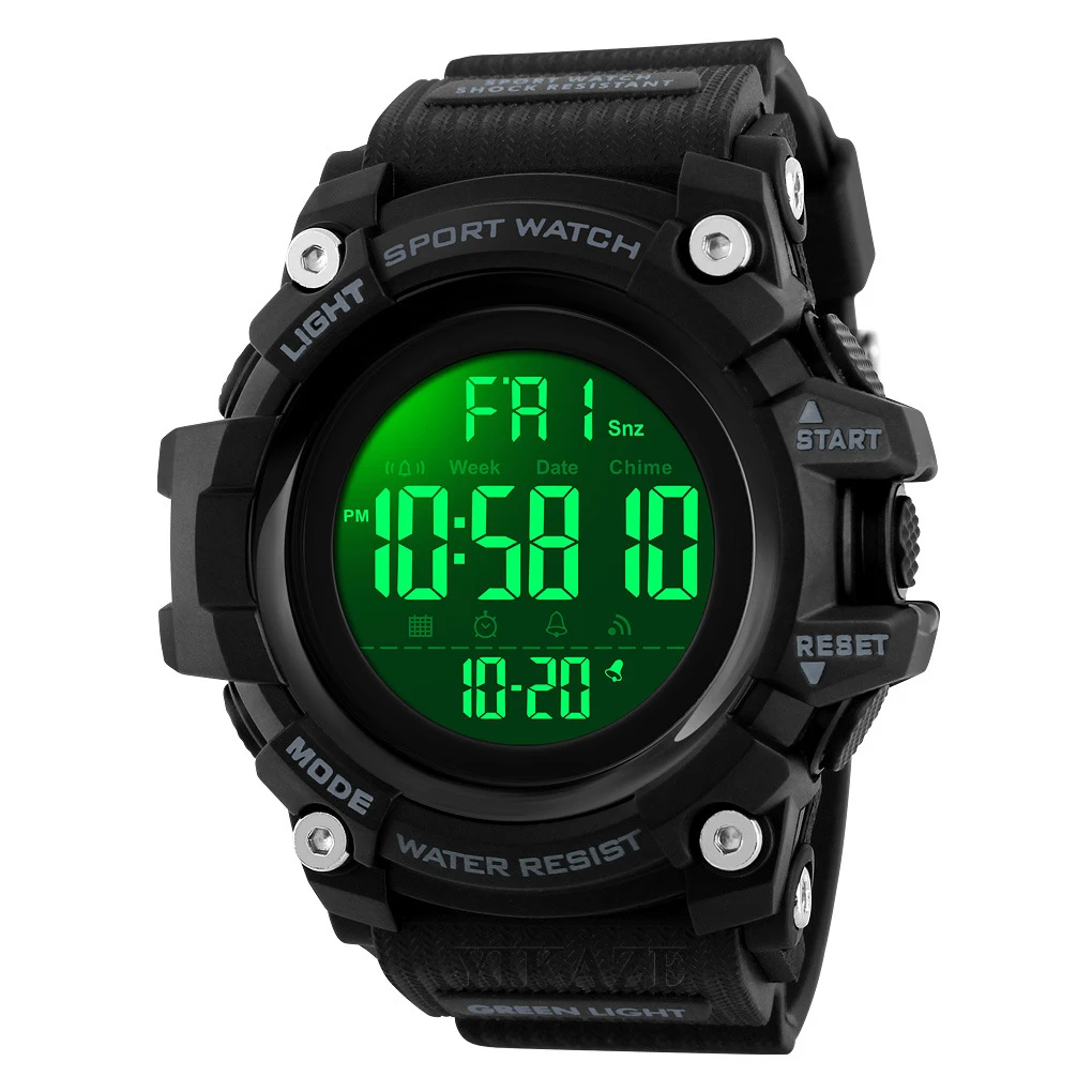 YIKAZE jam tangan Digital untuk pria, arloji olahraga warna hitam Dial besar, jam tangan militer g-style, jam tangan Alarm Chrono tahan air, jam tangan olahraga untuk pria