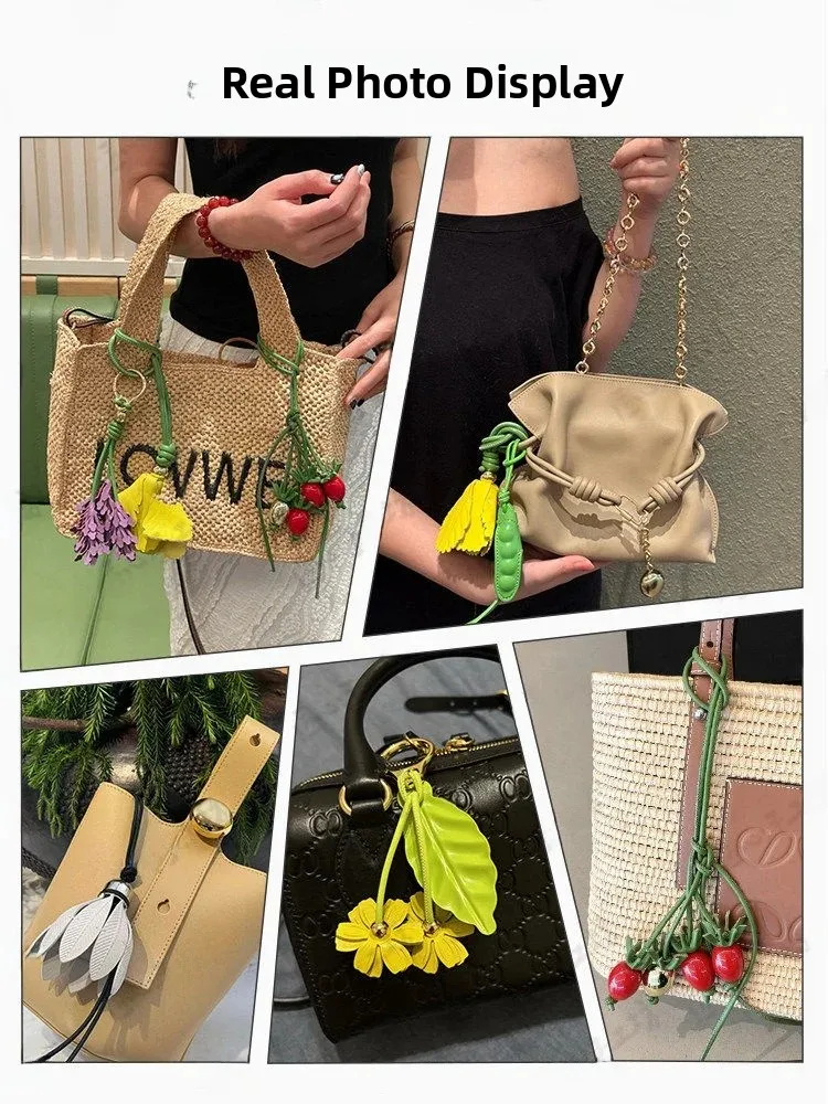 Cherry Shaped Genuine Leather Bag Charm Keychain Pendant for  Handbags Crystal Fashionable Bag Accessories