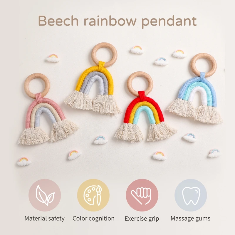 Let's Make 1pc Baby Wooden Toy Handmade Woven Cotton Rope Rainbow Stroller Pendant Teething Nursing 0-12 Months Baby Rattle Toy