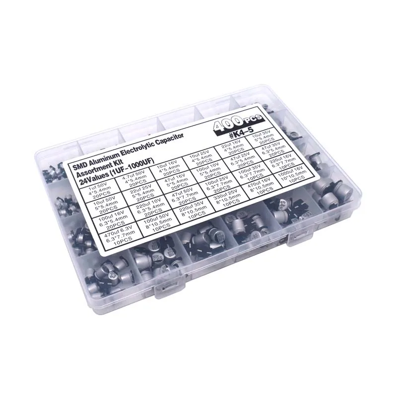 الألومنيوم مكثفات كهربائية SMD مجموعة متنوعة 400 قطعة 24 قيمة SMD 1 فائق التوهج ~ 1000 فائق التوهج 6.3 فولت-50 فولت 24 قيمة مع صندوق