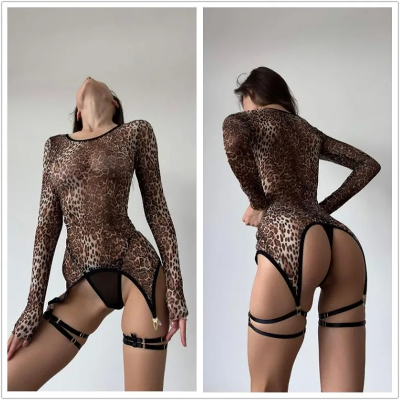 

New sexy long sleeve leopard print translucent fashion women's suit for Amazon and cross-border sale