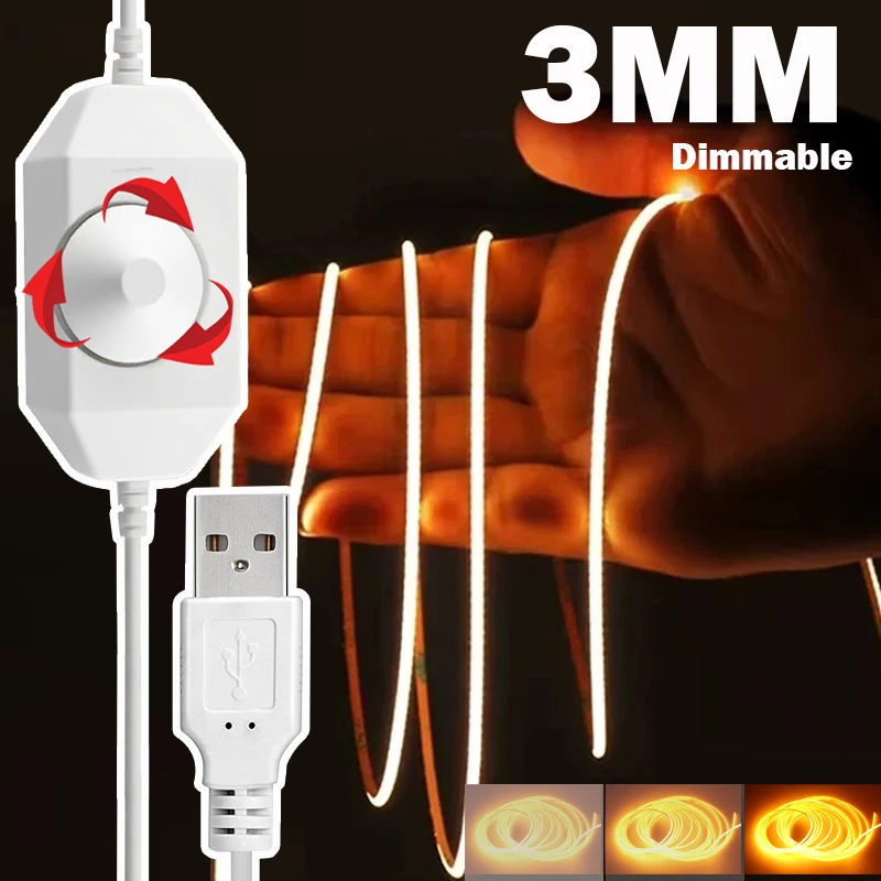 3mm Slim COB LED Strip, 5V Dimmable Flexible LED Tape Light with Dimmer, Ideal for Cabinet & Home DIY Lighting
