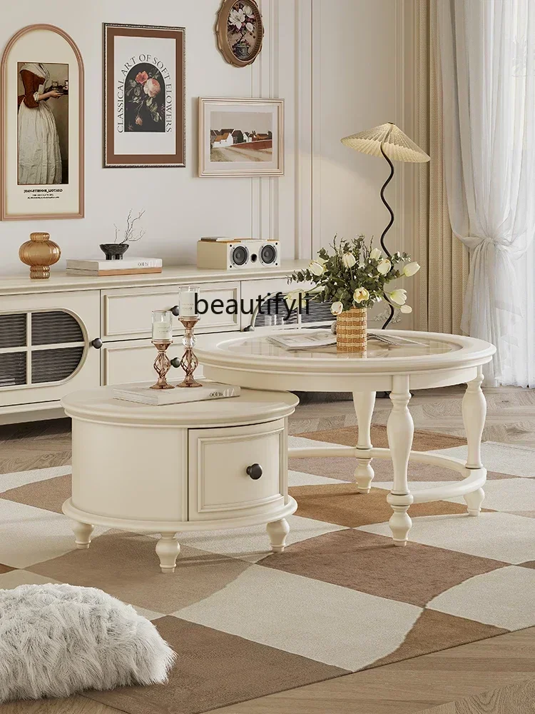 

02C Solid wood coffee table combination simple household living room French small apartment, telescopic, glass round tea table