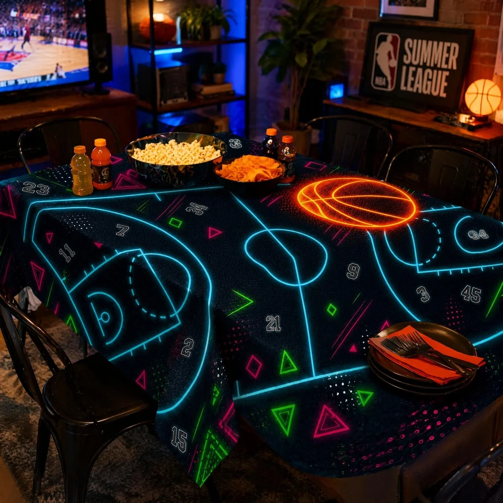Neon Basketball Court Line Number Geometric Print Rectangle Tablecloth Black Sports Dining Table Cover Man Cave Decor