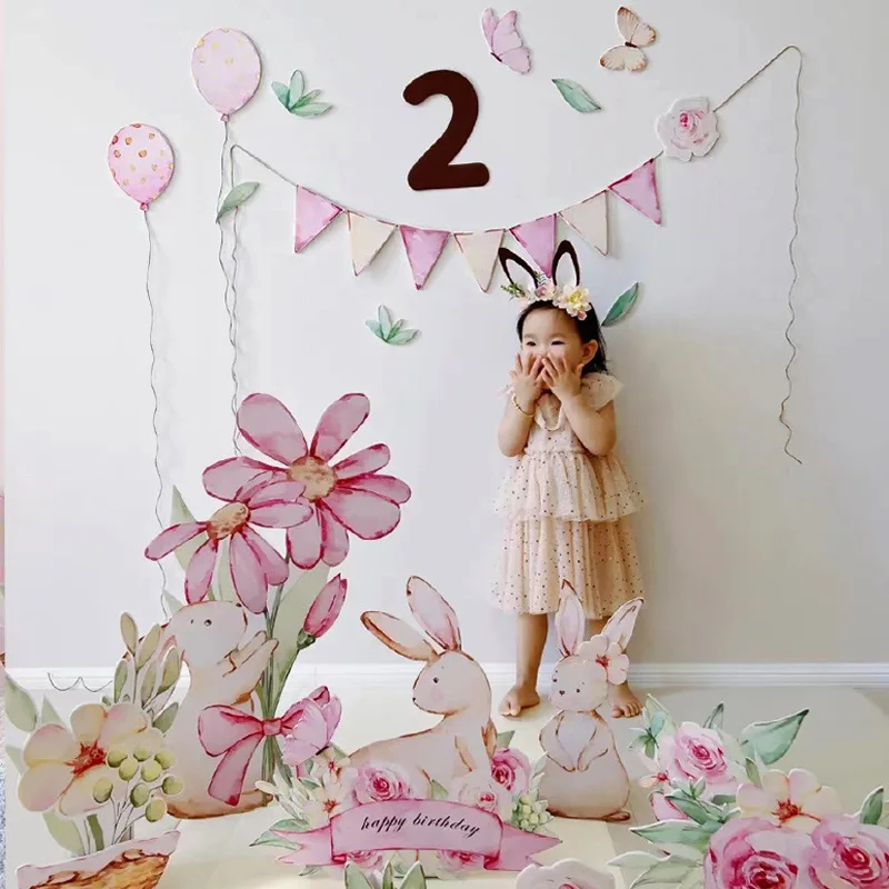 1 zestaw różowy króliczek kwiat urodziny dziecka rekwizyt do zdjęcia 500 dni rocznica Party Baby Shower ręcznie malowane stylowe zaopatrzenie firm tablica
