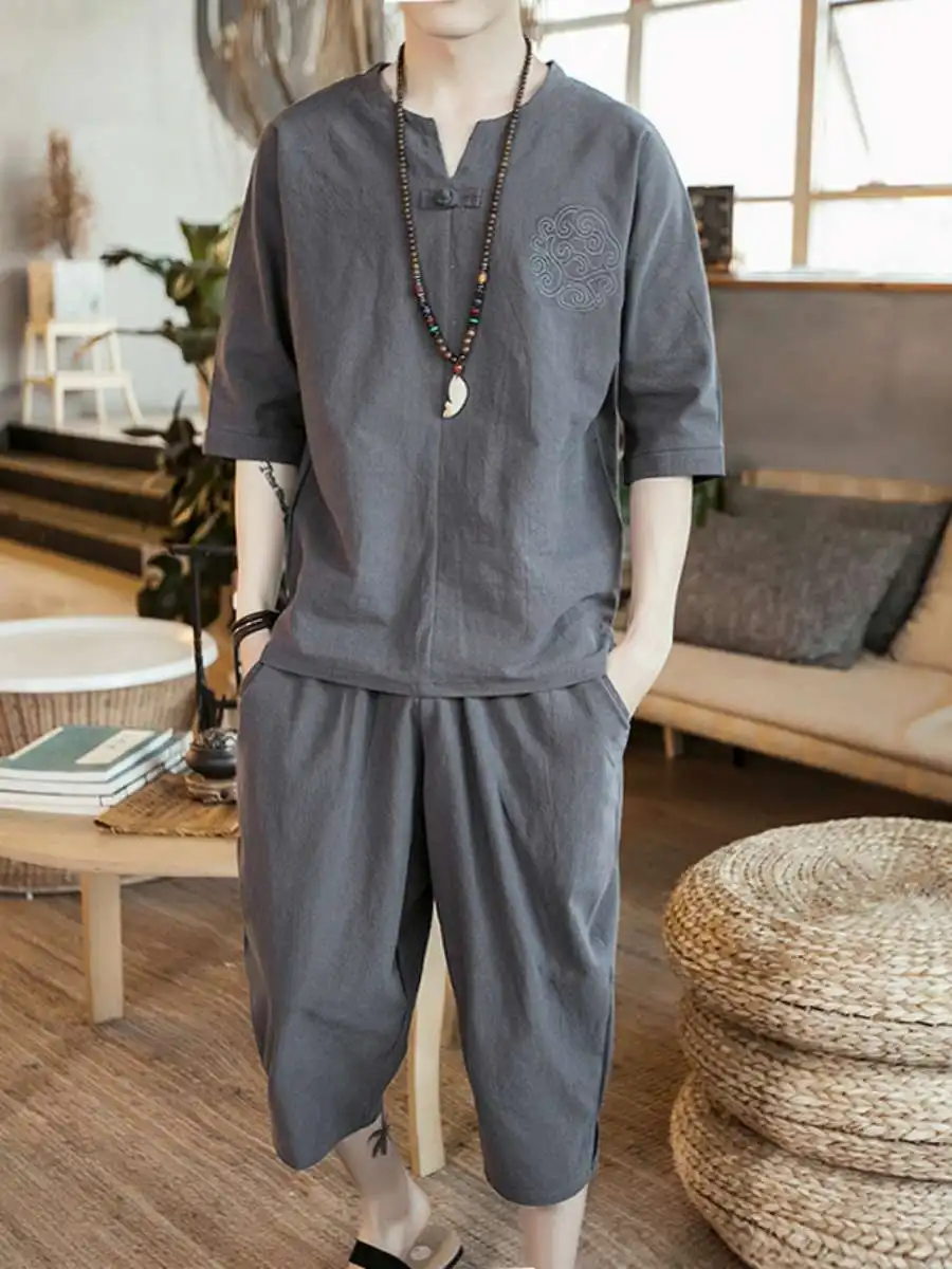 

New Summer Men's Cotton Linen ort Sve T-irt Loose V-Ne Seven Sve Top Linen Two-Piece Set Comfortable Breathable