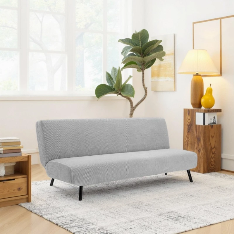Armless Folding Sofa Cover Full Coverage Fabric Couch Cover Stain Resistant Solid Color Elastic Polyester Seat Protector