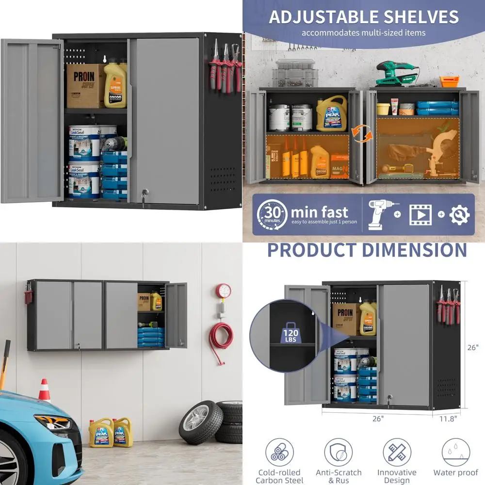 

Металлический гаражный настенный шкаф с двумя запираемыми дверцами, регулируемой полкой и перфорированной доской для эффективного хранения инструментов