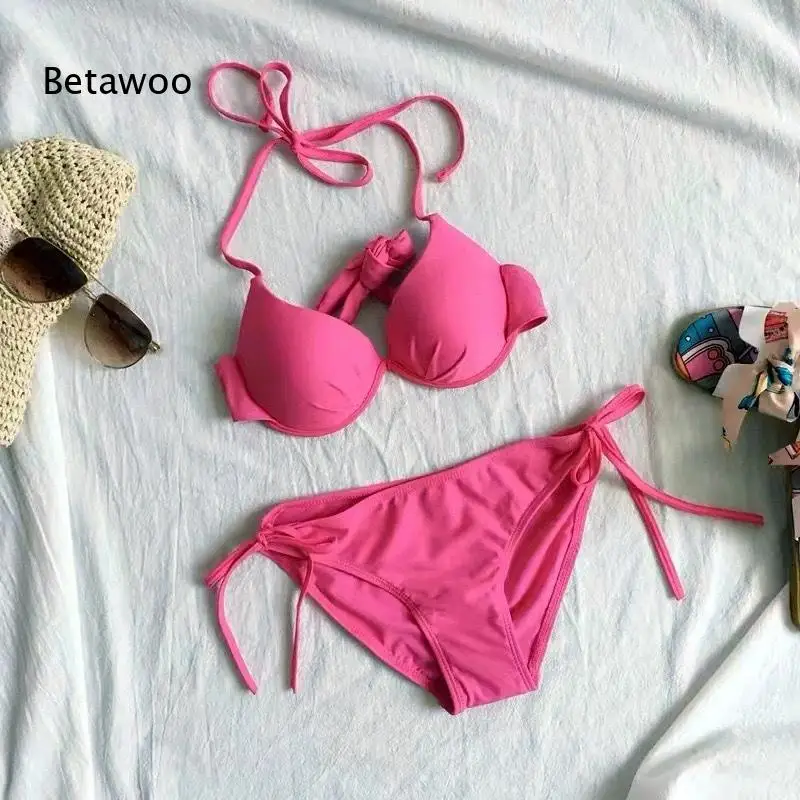 

2026 Women's Solid Pink Bikini, Halter Neck with Back Tie, Adjustable Side Tie Swimsuit